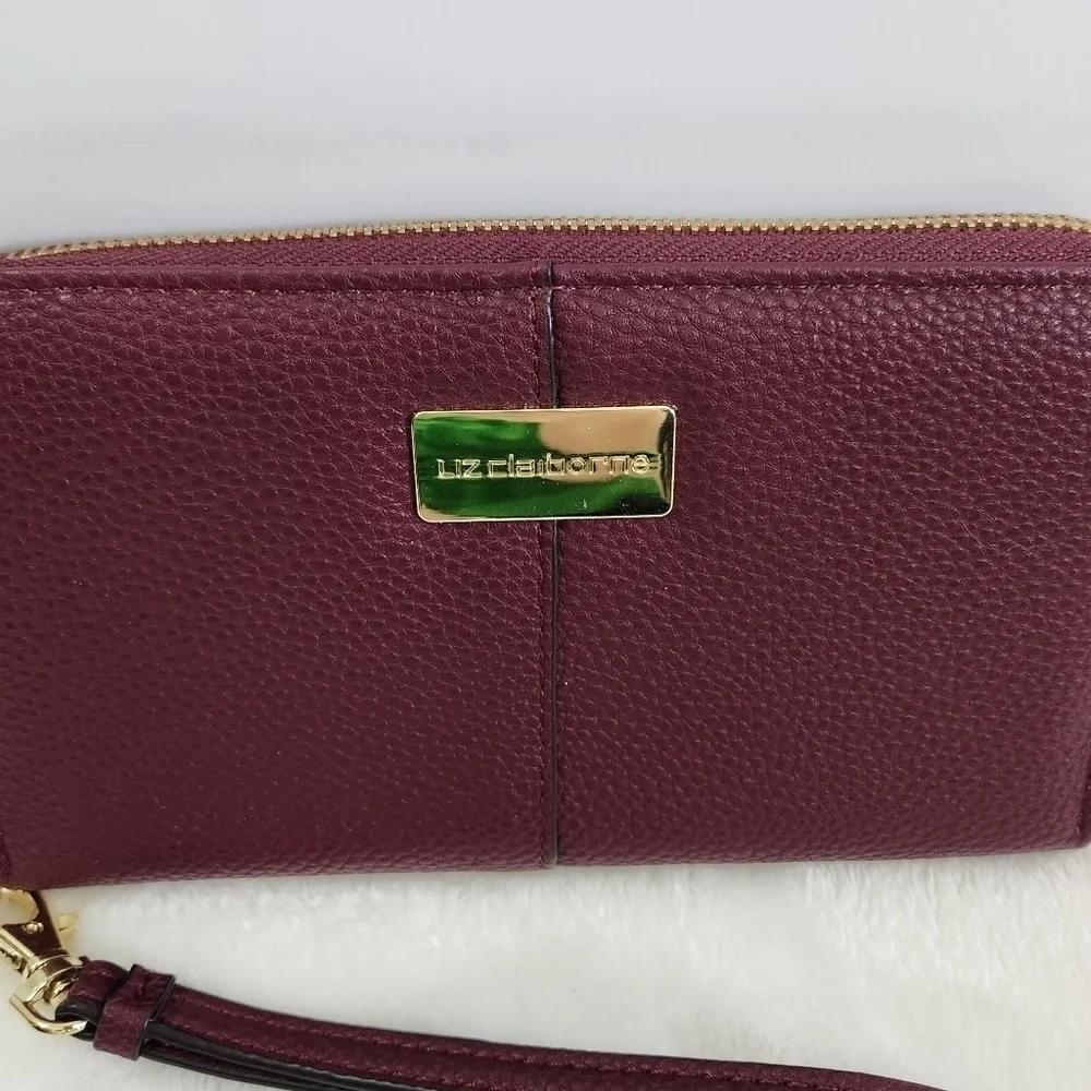 Liz Claiborne Erica Zip Around Faux Leather Gold Dark Wine Wristlet Wallet
